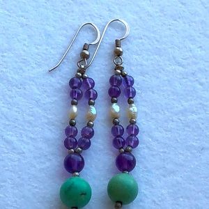 Vintage dangle Amethyst genuine pearl earrings